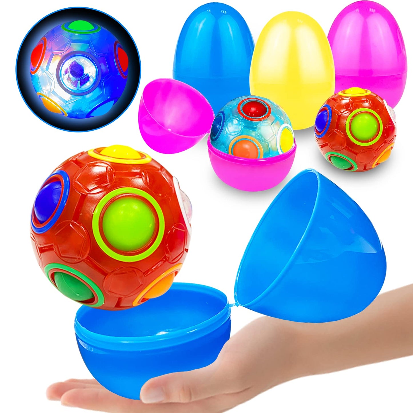 3 Pack 4'' Jumbo Easter Eggs Filled Glow Rainbow Puzzle Balls, Magic Cube Stress Relief Fidget Toys Brain Teaser Game Kids Boys 