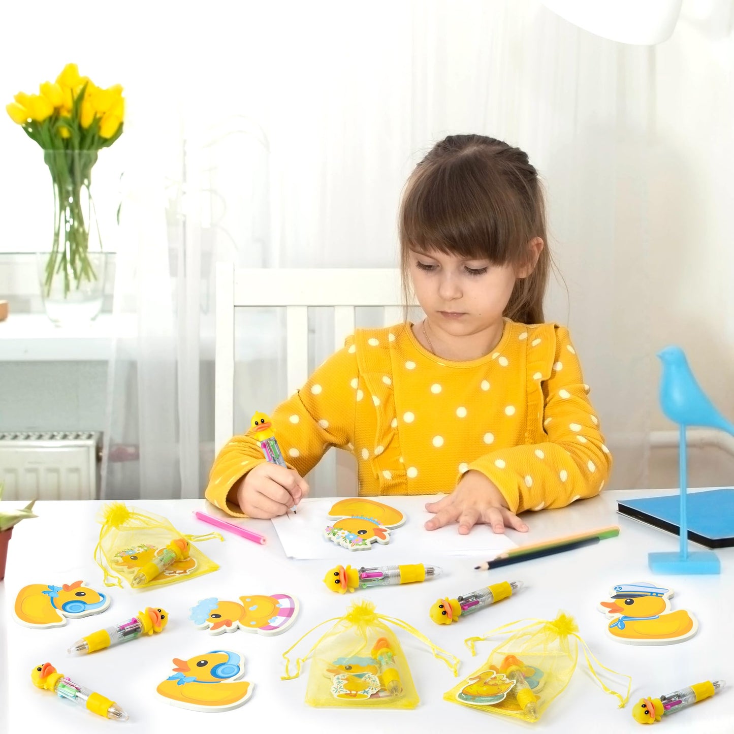 CY2SIDE Yellow Rubber Duck Stationery Gift- 24 Pack Yellow Cute Animal 4-in-1 Duck Ballpoint Pens with Sticky Notes Stickers and