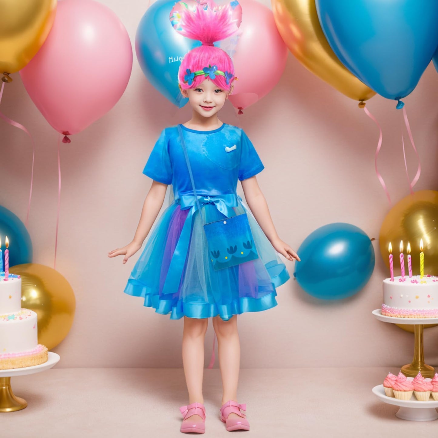 Miltrs Princess Poppy Dresses Costume Set Rainbow Tutu Dress For Girls Cosplay Halloween Outfits Birthday Party With Bag Wig