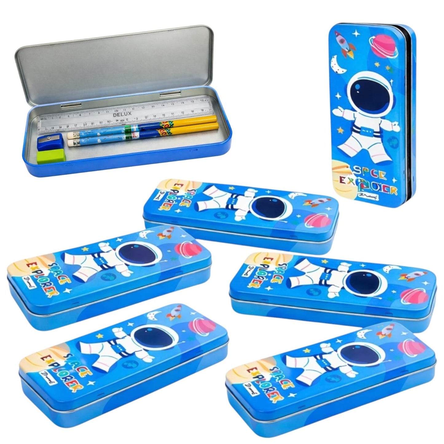 Tera 13 Space Pencil Box With Pencil, Scale, Eraser & Sharpener | Kanjak Gift & Return Gift | School Stationery Organizer | Stee