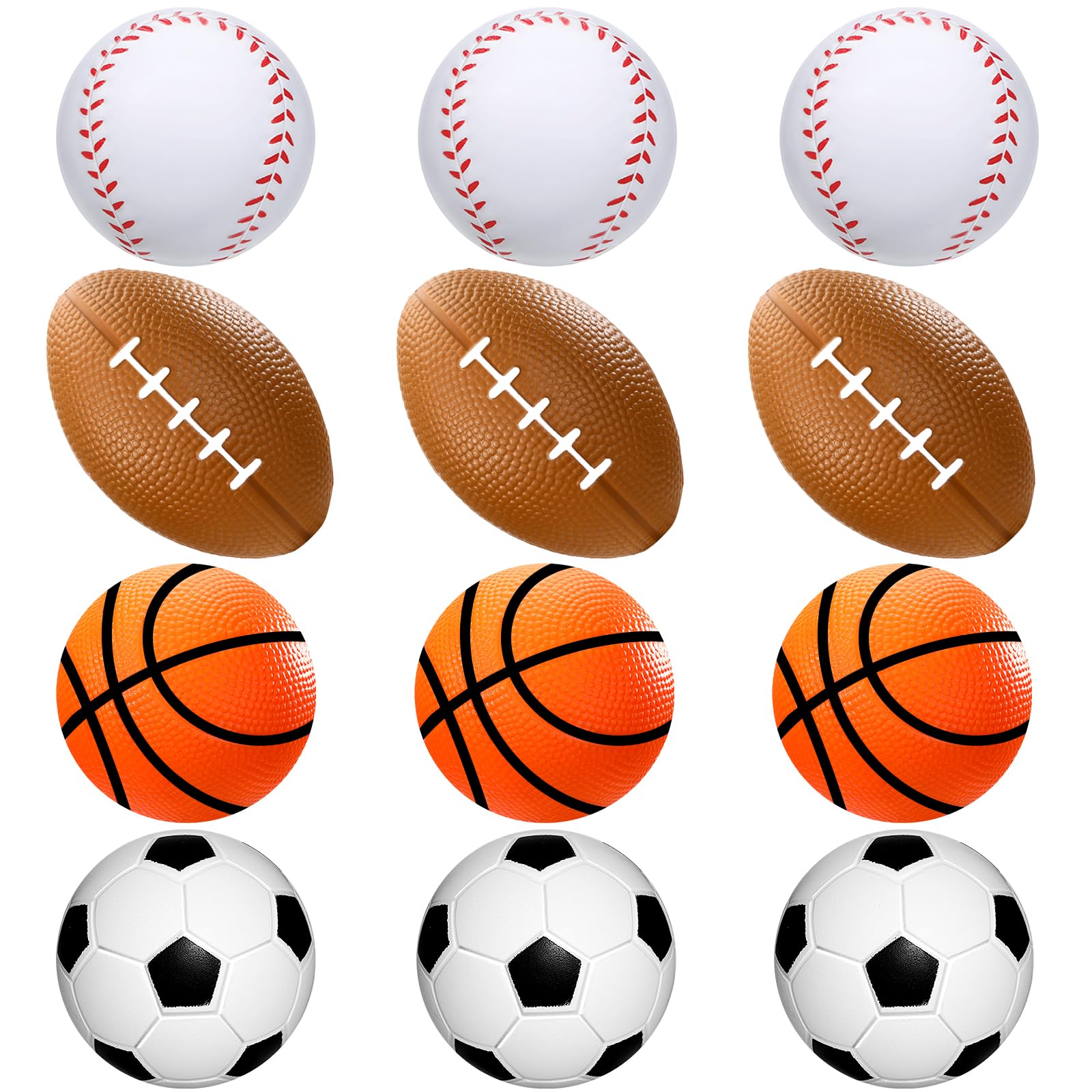 WELLVO Sports Stress Balls for Kids 12 Pack 2.5'' Footballs, Baseball, Soccer, Basketball, Sports Party Favors Foam Squishy Ball