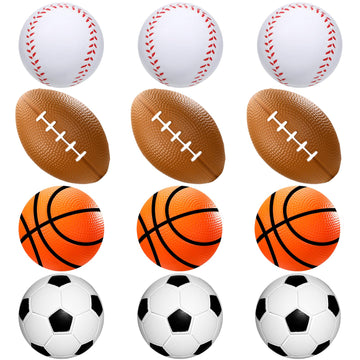 WELLVO Sports Stress Balls for Kids 12 Pack 2.5'' Footballs, Baseball, Soccer, Basketball, Sports Party Favors Foam Squishy Ball