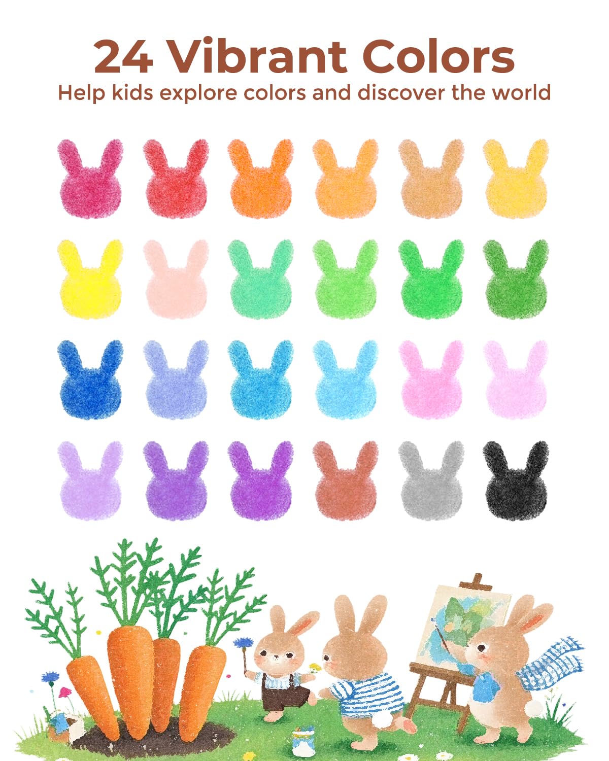 JUPITEARTH 24 Colors Crayons for Toddlers 1-3, Non Toxic Beeswax Carrot-Shaped Toddler Crayons with 30-Page Coloring Book and 12