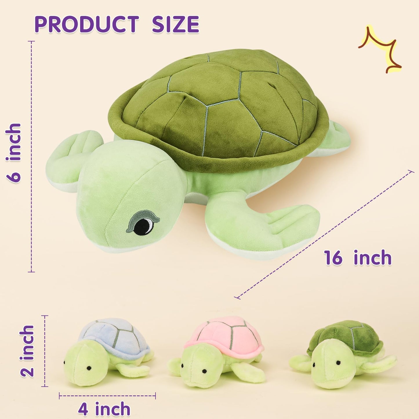 16 Inch Turtle Stuffed Animals Toys For Ages 3 4 5 6 7 8+ Years Old Kids - Mommy Turtle With 3 Baby Turtle In Her Tummy, Idea Xm