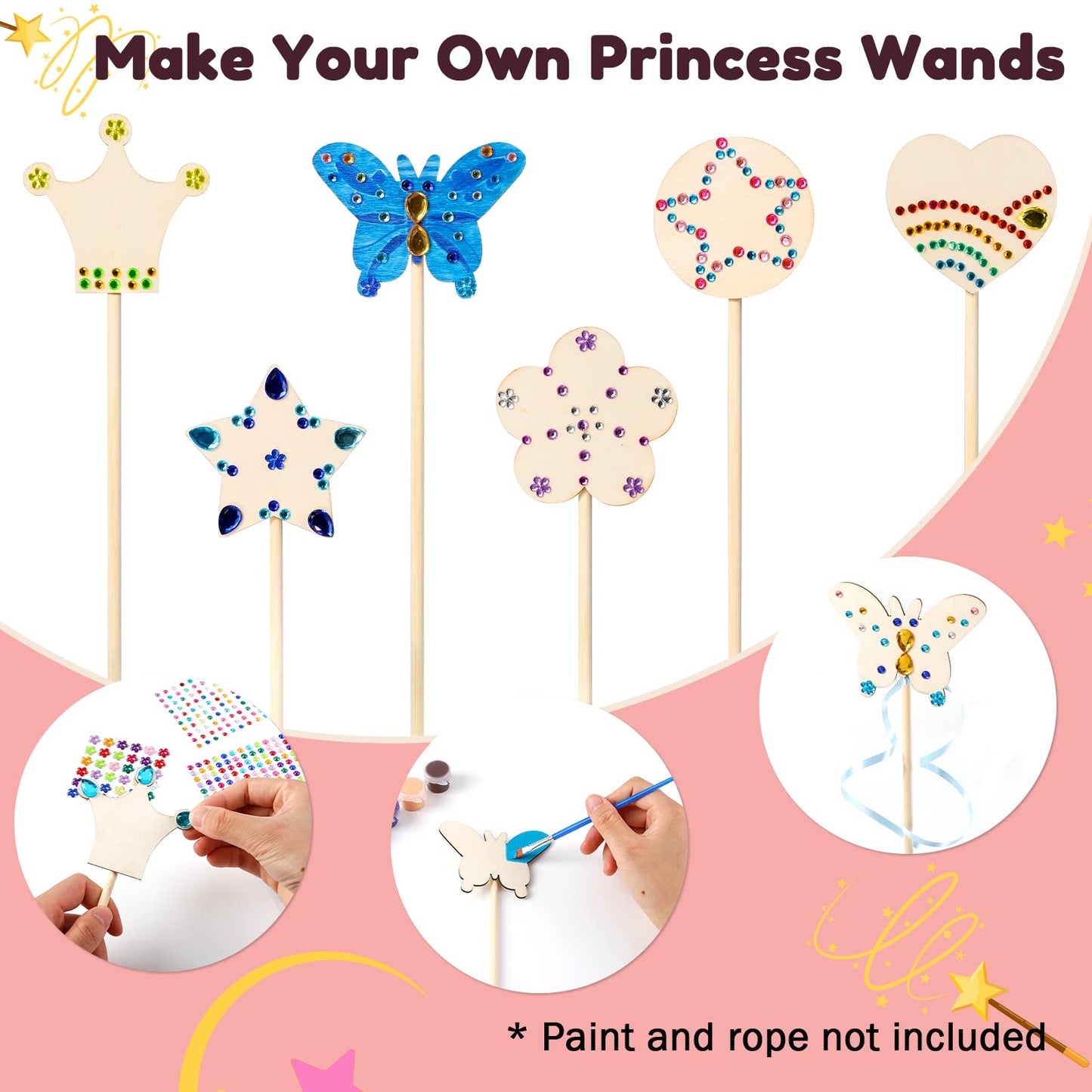 Pllieay Princess Fairy Wands Kit Include 18 Pieces 6 Styles Unfinished Wooden Princess Wand And 4 Gem Stickers Princess Art Magical Show For Party Supplies