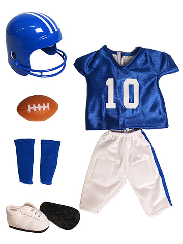 American Fashion World Blue Football Uniform 6pc Set for 18-Inch Dolls | Premium Polyester Material & Trendy Design