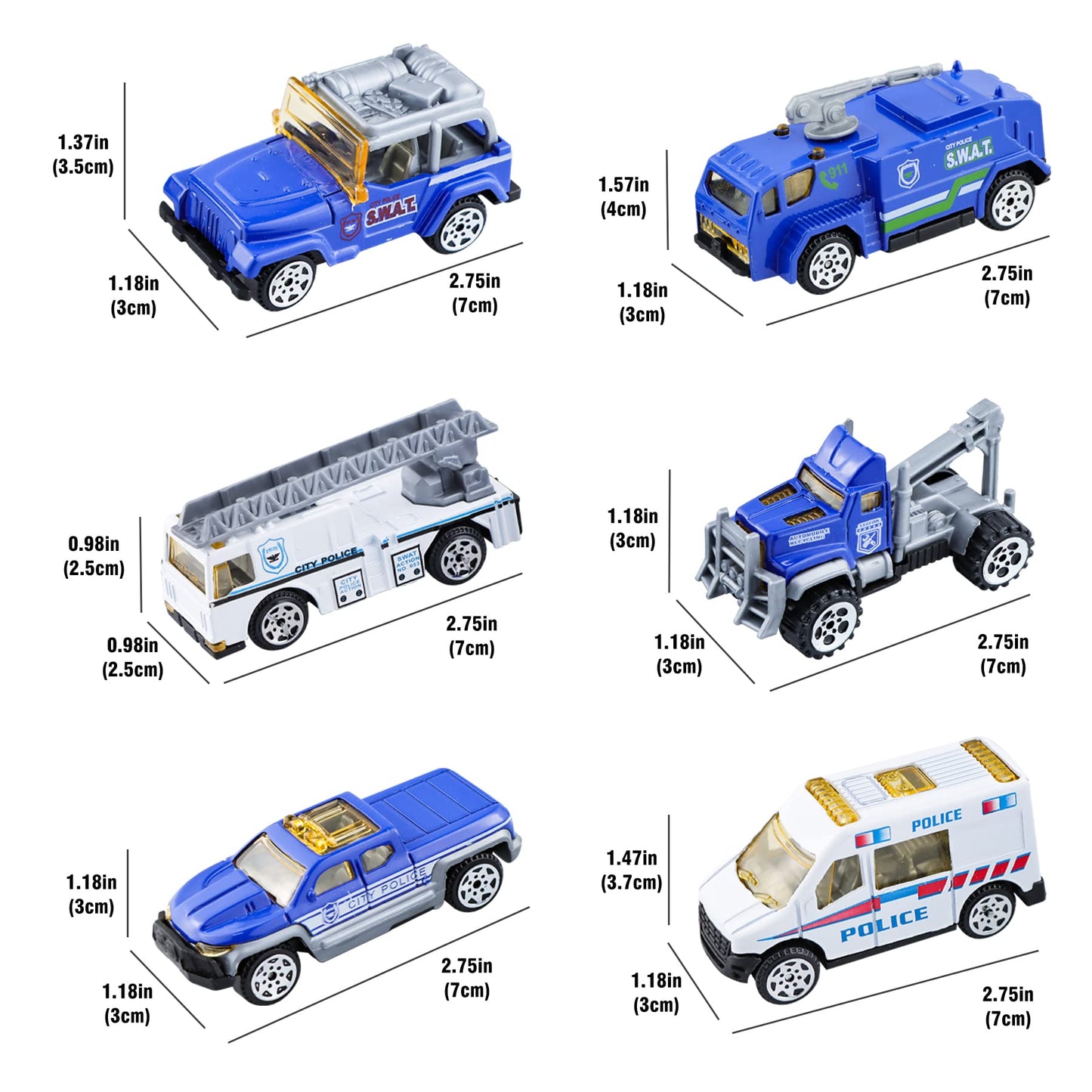 BenRich 6Pcs Mini Die Cast Metal Car Toys 1/64 Scale - Ladder Truck, Water Tower Truck, Ambulance, Transport Car, Patrol Vehicle