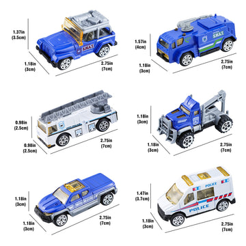 BenRich 6Pcs Mini Die Cast Metal Car Toys 1/64 Scale - Ladder Truck, Water Tower Truck, Ambulance, Transport Car, Patrol Vehicle
