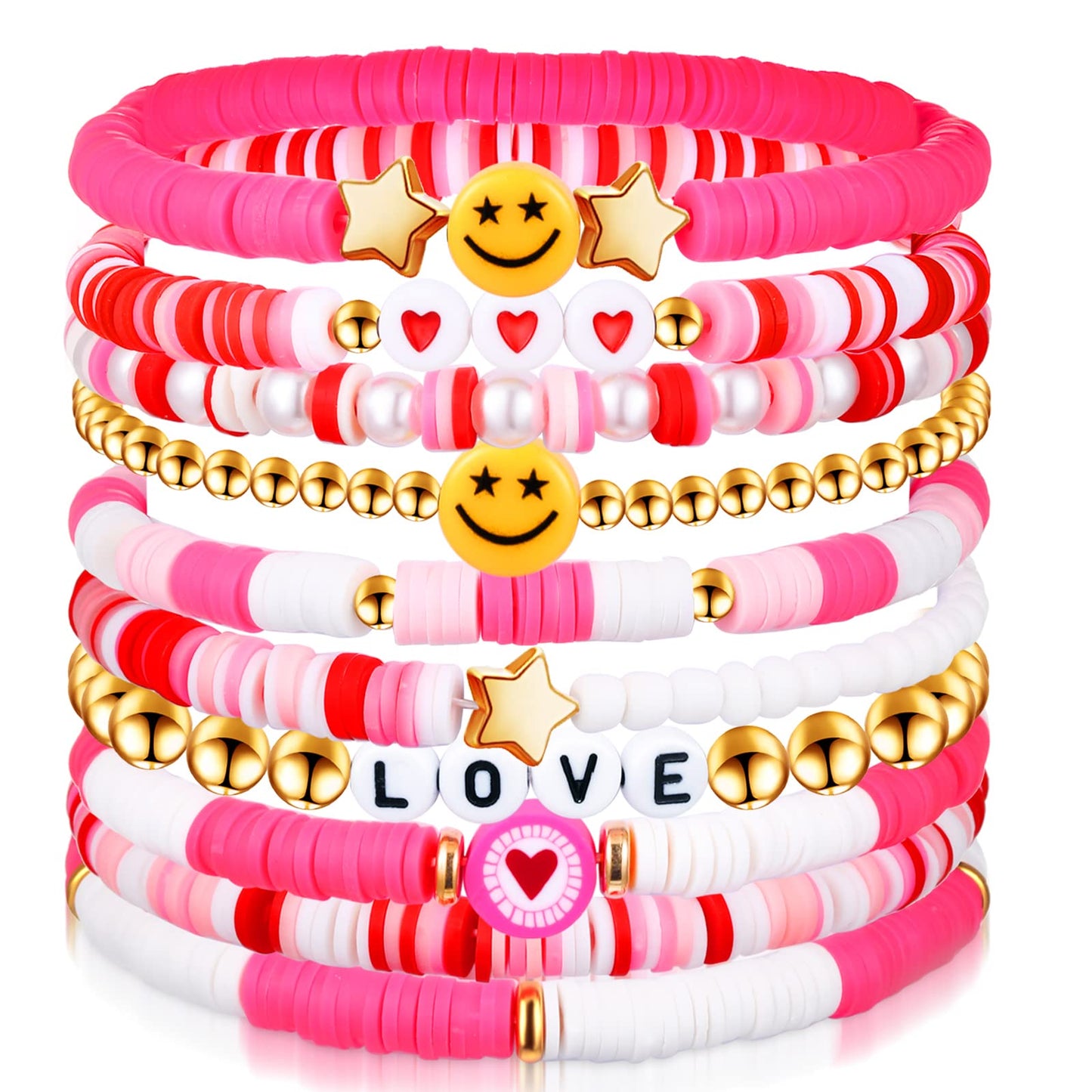 Leitee 10 Pcs Holiday Bracelets Set Heishi Surfer Bracelet Polymer Clay Stretch Bracelet for Women Gift Party Supplies(Love Styl