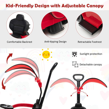 Costzon Push Car For Toddlers, 3 In 1 Mercedes Benz Stroller Sliding Walking Car W/Canopy, Handle, Armrest Guardrail, Underneath Storage, Horn, Foot-To-Floor Ride On Toy For Boys Girls, Red