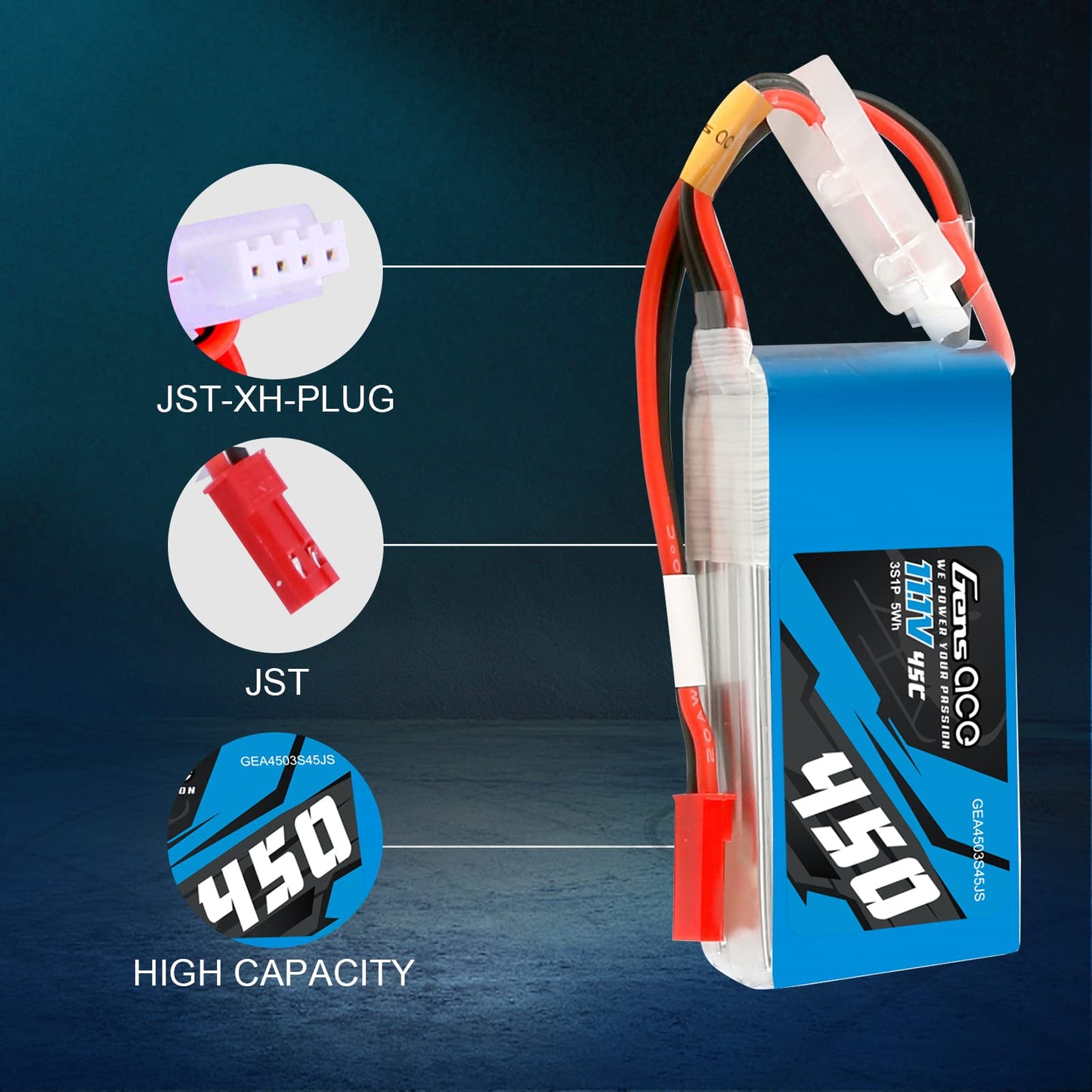 Gens ace 3S Lipo Battery 11.1V 45C 450mAh Lipo Battery Pack with JST-SYP Plug