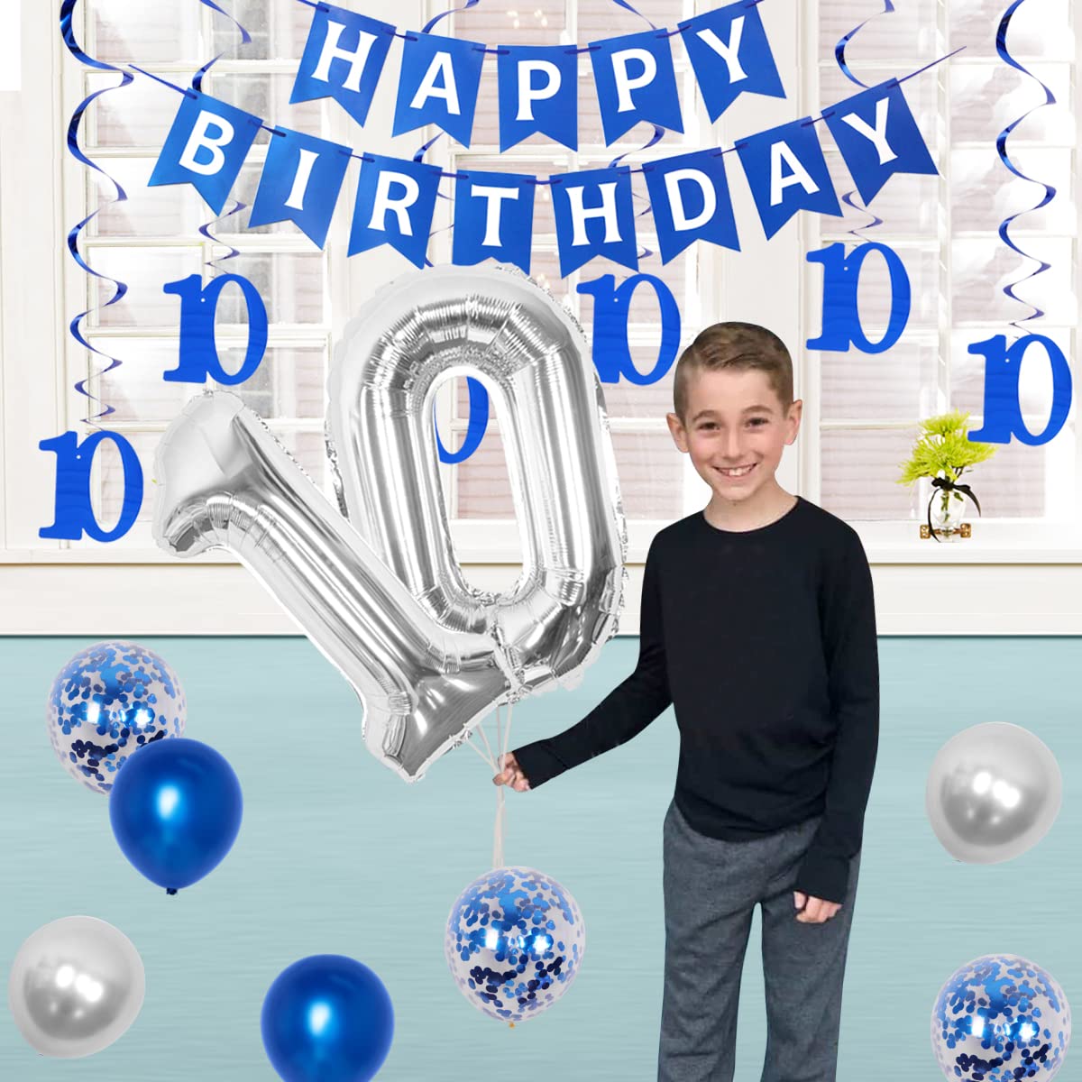 JOYMEMO 10th Birthday Decorations Blue - Peace Out Single Digits Tenth Birthday Party Supplies with Hanging Swirls & Paper Glitt