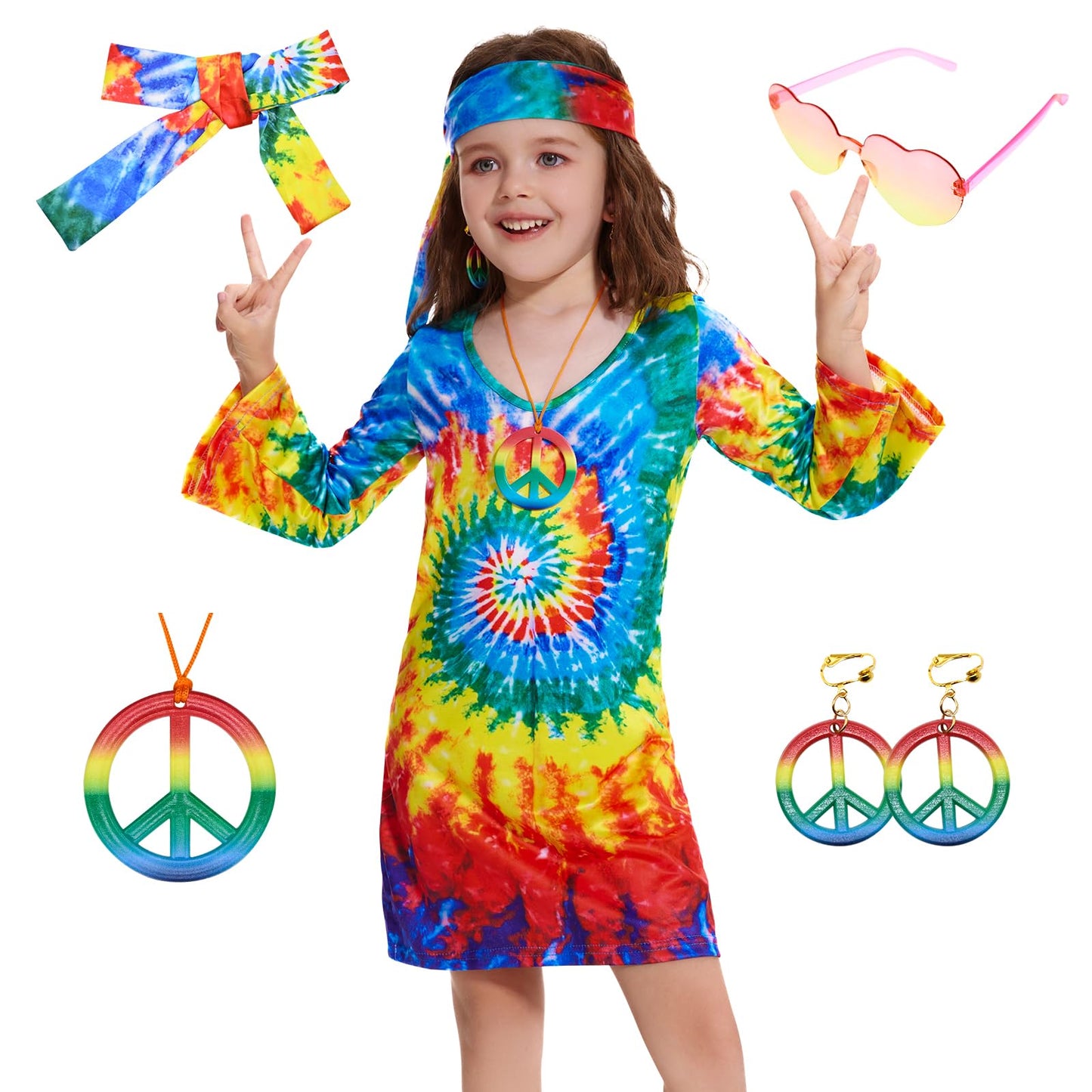 Mryuwb 70S Hippie Dress For Girls, 1970S Outfits Peace Sign Necklace Headband, 60S Themed Party Costumes For Kids 5-14 Years (Ti
