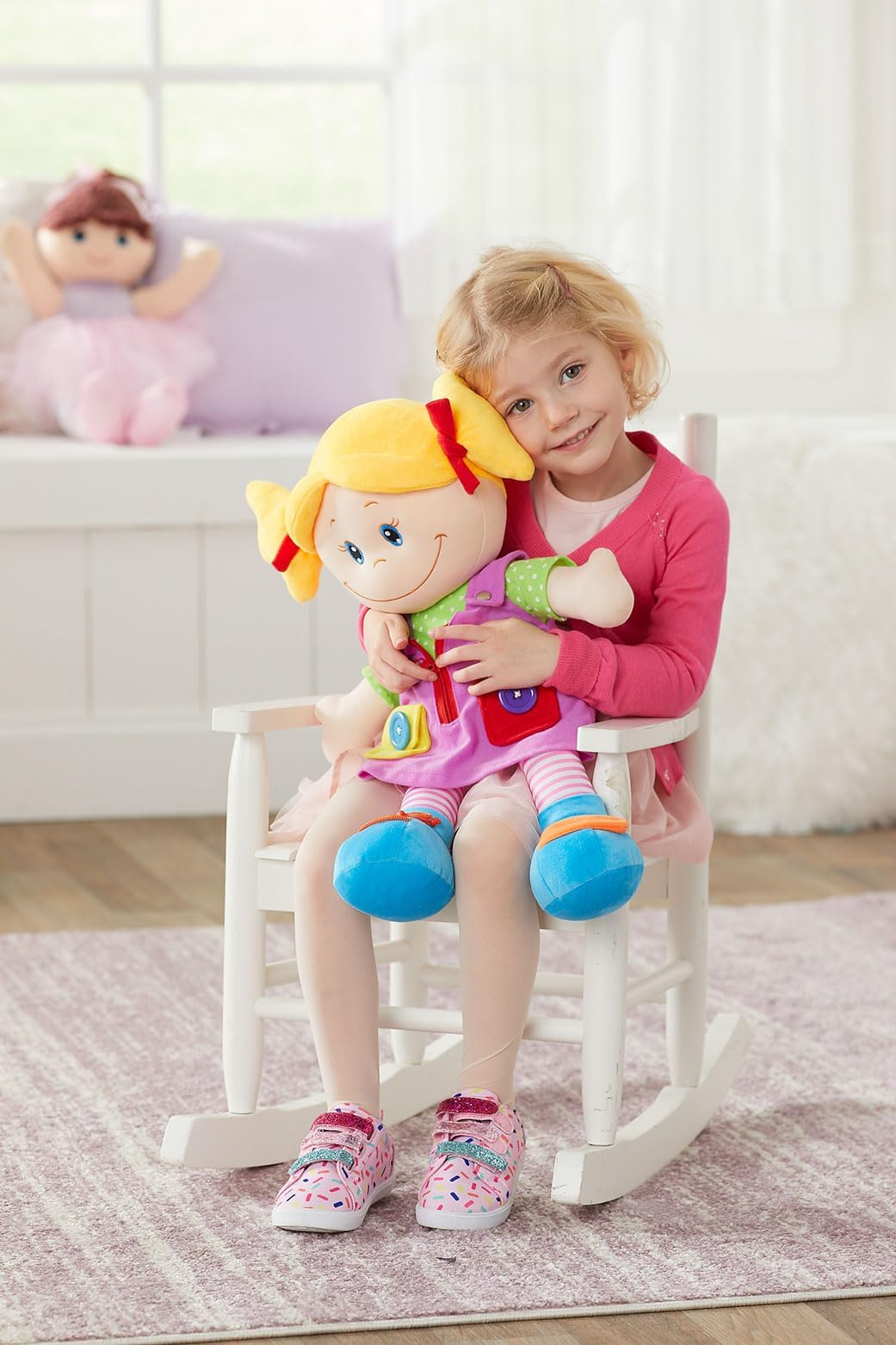 Love & Learn 17'' Educational Soft Girl Doll With Zipper, Button, Snap, Shoe Tie, & Self Fastening Skills, Montessori Learning D