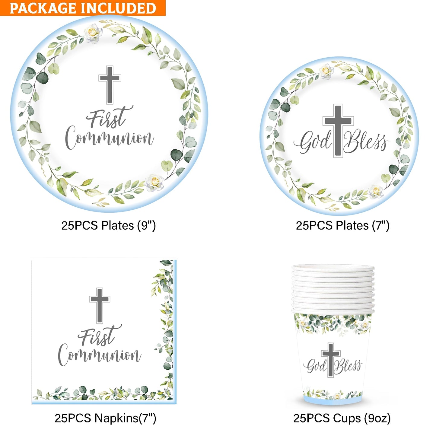 LyhongParty First Communion Decorations, First Communion Paper Plates and Napkins (Serves 25), Blue Baptism Plates and Napkins,B