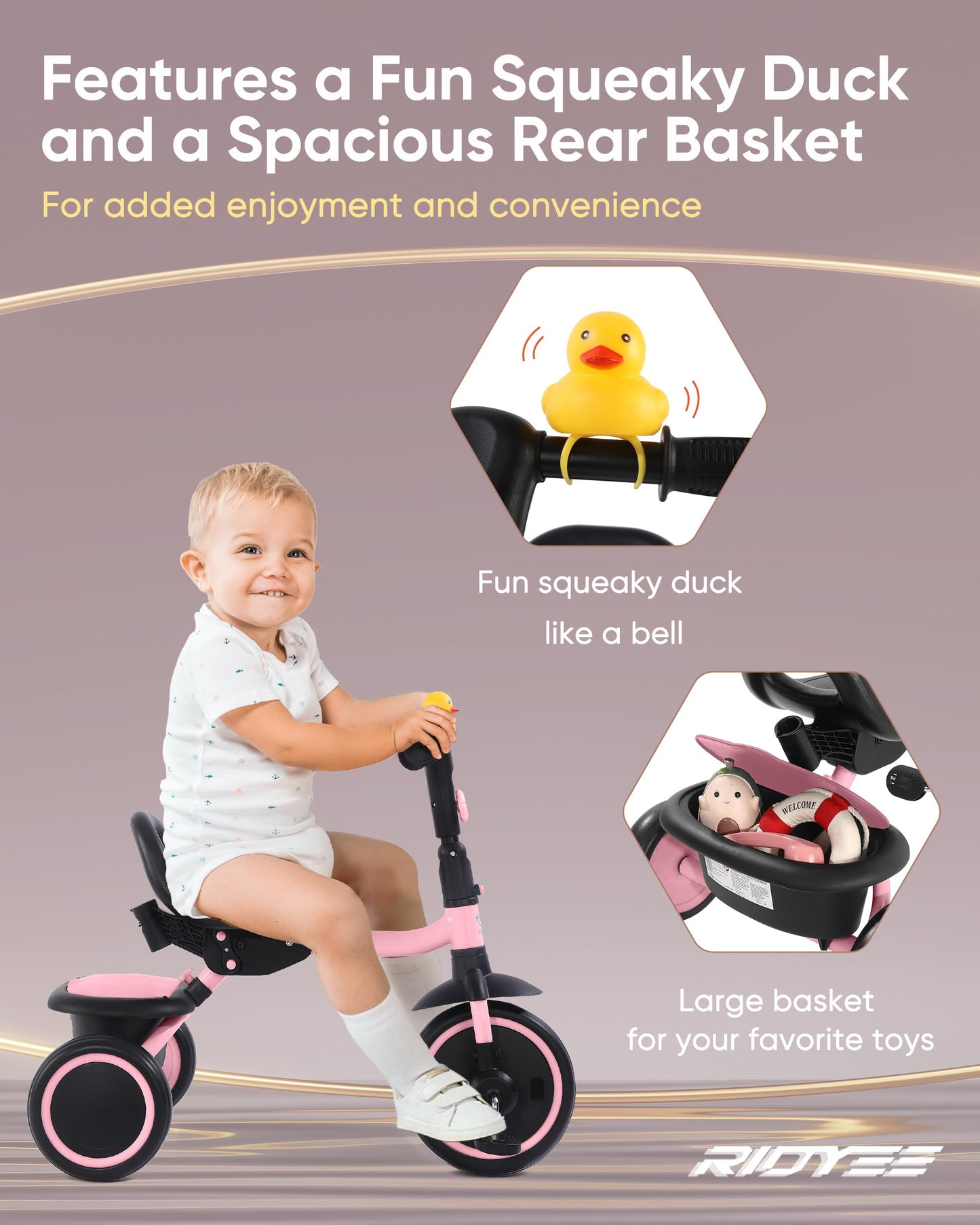 RIDYEE Tricycle for Toddlers 18 Months to 5 Years with Removable Push Handle, Tricycles for 3-5 Year Olds Ideal for On-The-Go Fa