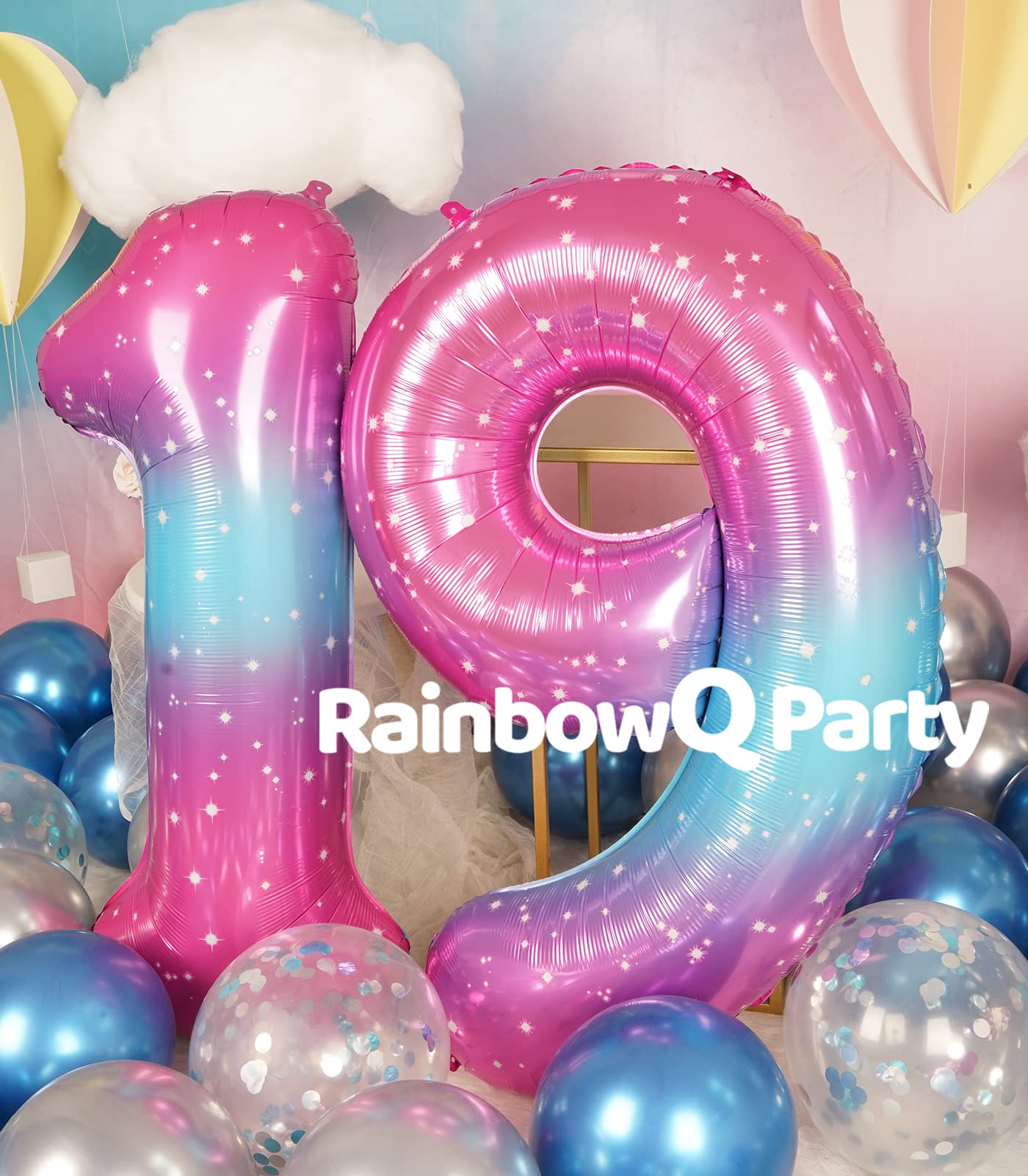 RainbowQ 40 Inch Number 19 Balloons, Pink Blue Foil, Large for 19th Birthday Party Decorations