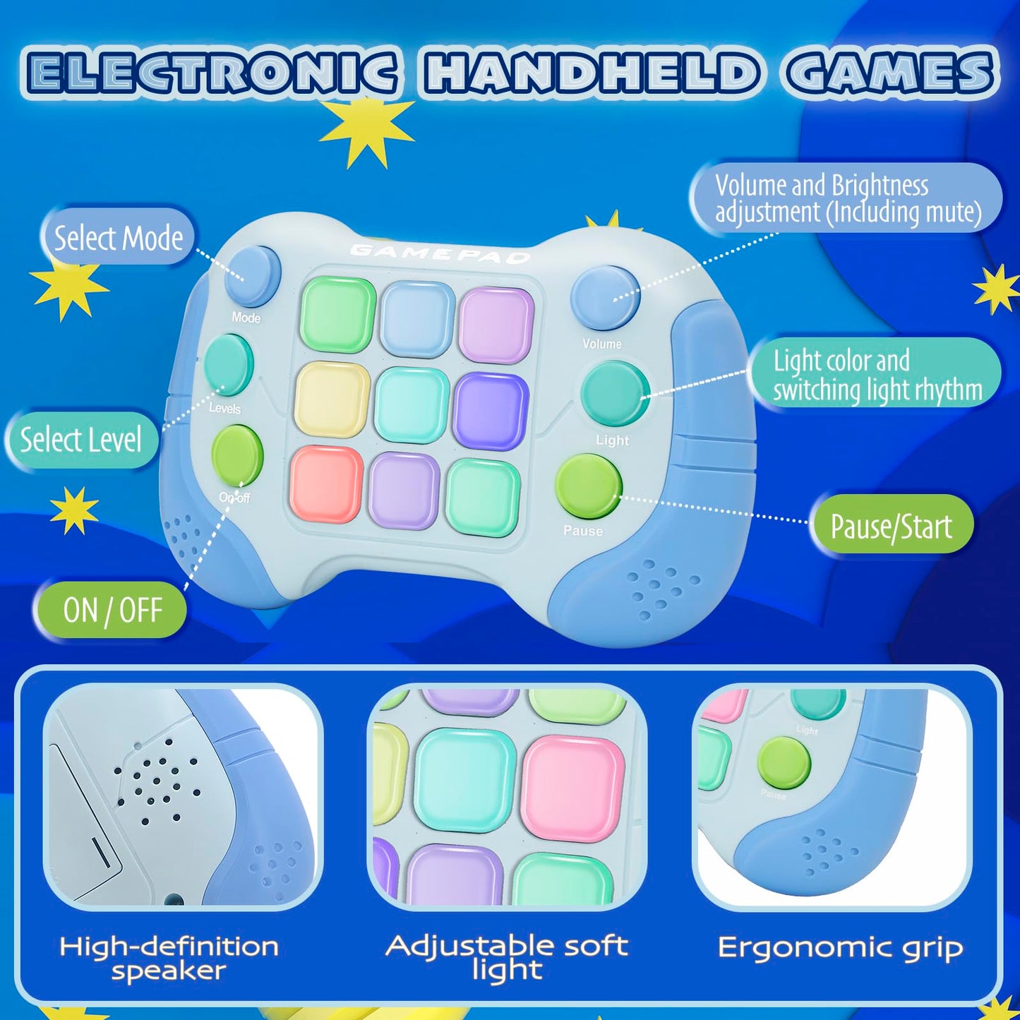 Thinhous Quick Push Pop Game - 5 Mode Electric Fast Push Handheld Games Sensory Light Up Toys With 7 Color Lights, Party Game Fo