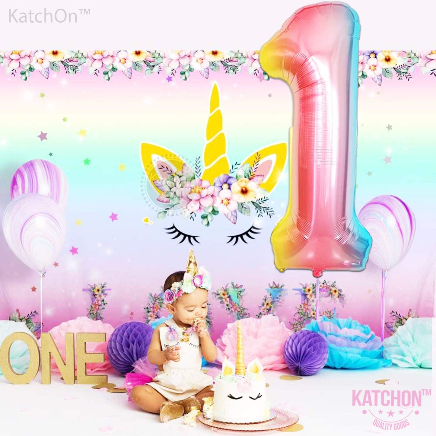 Katchon, Giant 40 Inch, Rainbow Number 1 Balloons - Number One Balloon For First Birthday | Foil Rainbow 1 Balloon For First Birthday | Rainbow 1 Year Old Balloon | First Birthday Decorations For Girl