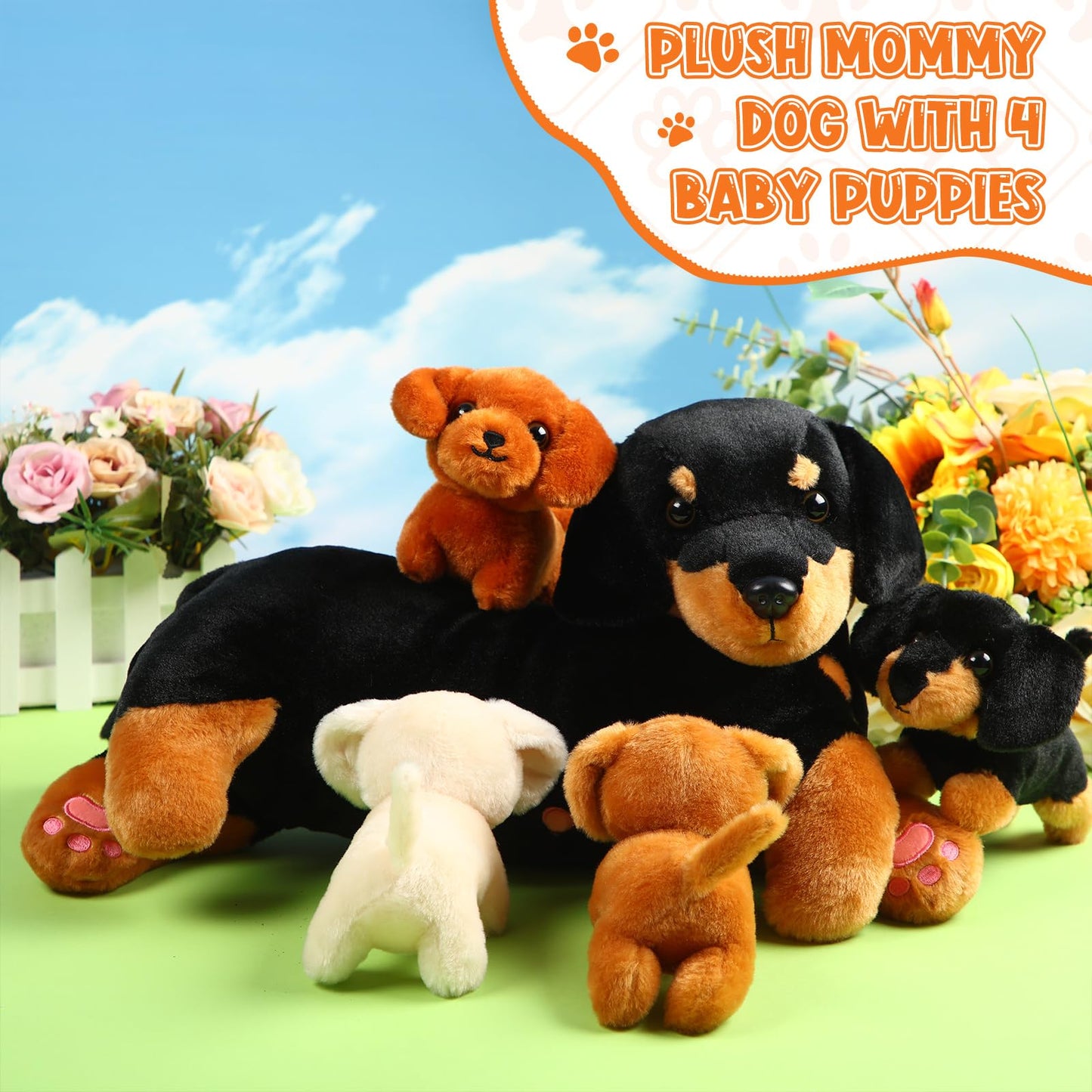 Honoson Nurturing Dog Stuffed Animal With Puppies Set Nursing Mommy Dog Plush With 4 Baby Puppies Soft Cute Dog Themed Stuffed P