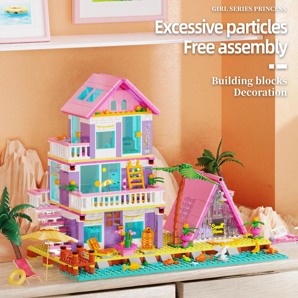 Girl Beach House Building Blocks Toys For Girls Age 8+, Seaside Villa Friends Building Set With Light, 791Pcs Mini Bricks