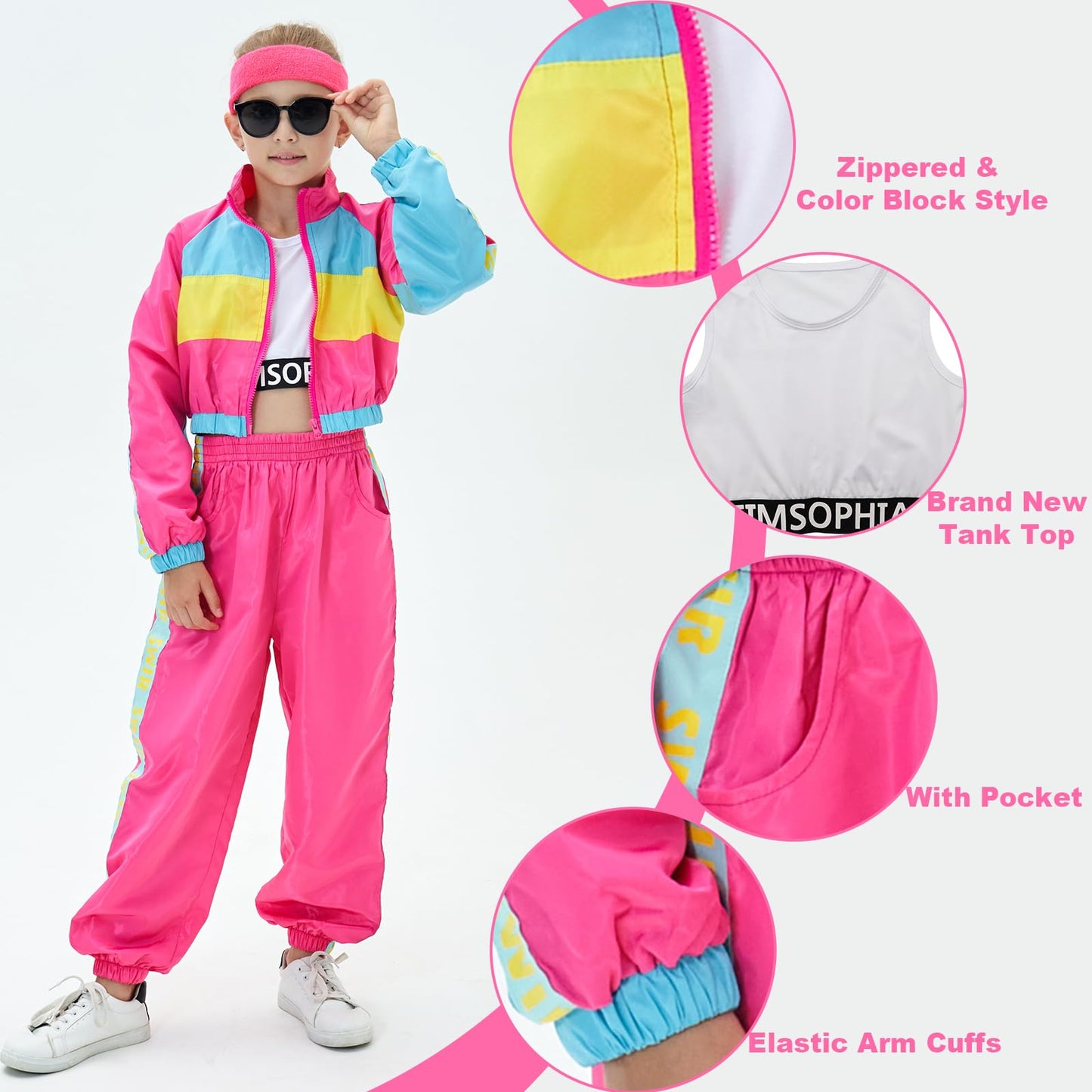 TIMSOPHIA Hip Hop Dance Costume for Girls, 5 Pcs 80s 90s Outfit for Kids, Modern Jazz Team Performance Tracksuit, 8-9 Years, Hot