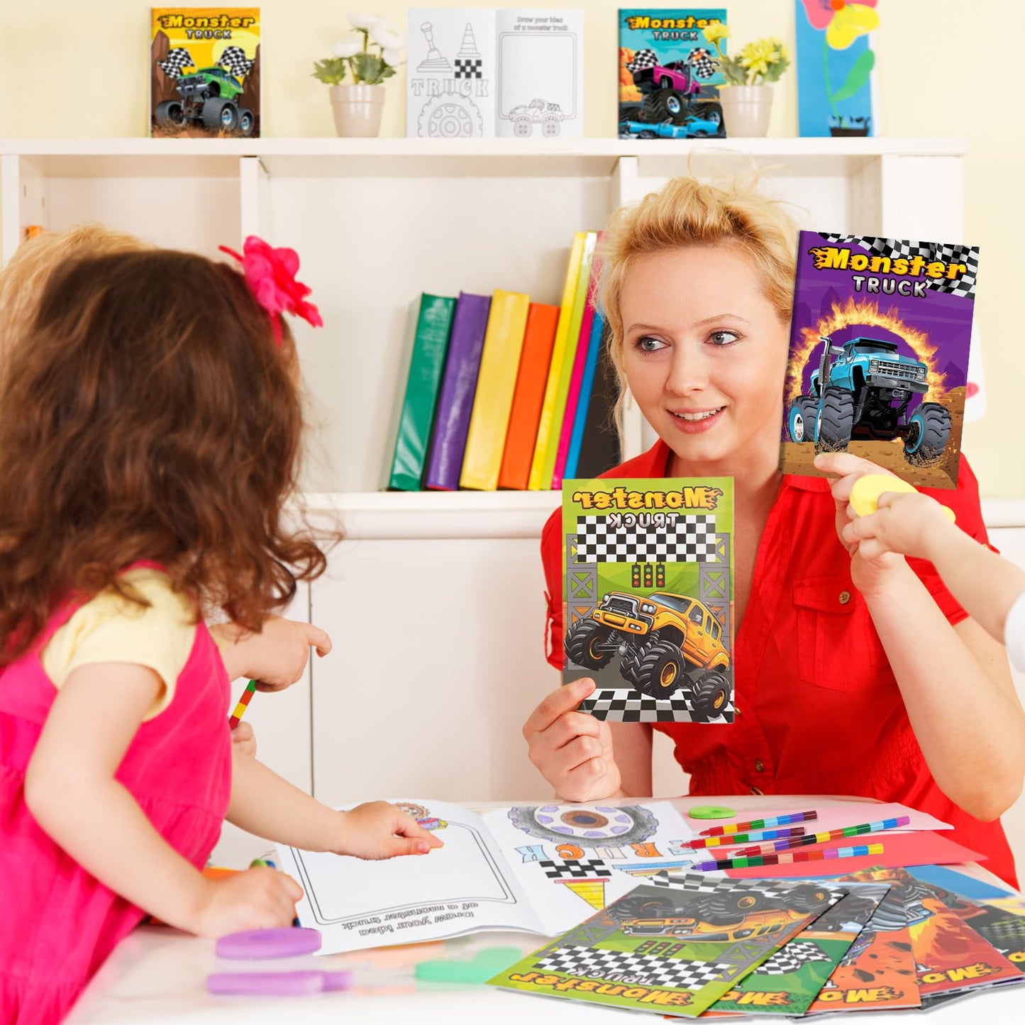 BenLouis 24 Monster Truck Mini Coloring Books Kids with 24 Stacking Crayons Monster Car Party Favors Activity Books Bulk for Kid