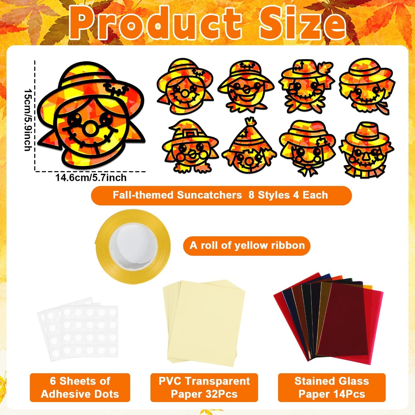 QOUBAI 32 Sets Fall Scarecrow Suncatchers Craft Kit DIY Window Stained Glass Effect Autumn Scarecrow Paper Crafts Home School Cl