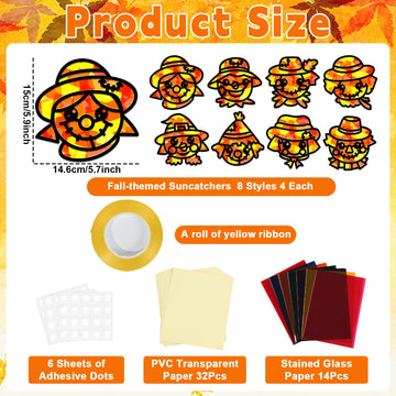 QOUBAI 32 Sets Fall Scarecrow Suncatchers Craft Kit DIY Window Stained Glass Effect Autumn Scarecrow Paper Crafts Home School Cl