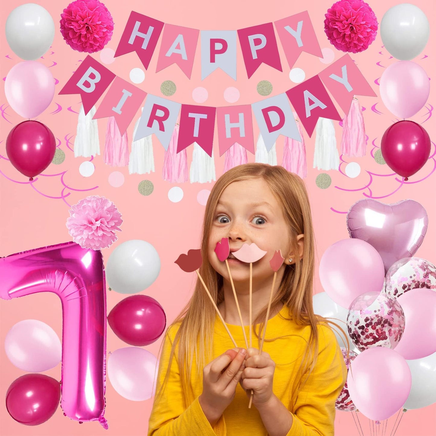 Sweet 7Th Birthday Decorations For Girls, Pink And White 7 Happy Birthday Balloons,7Th Birthday Party Supplies For Daughter Her