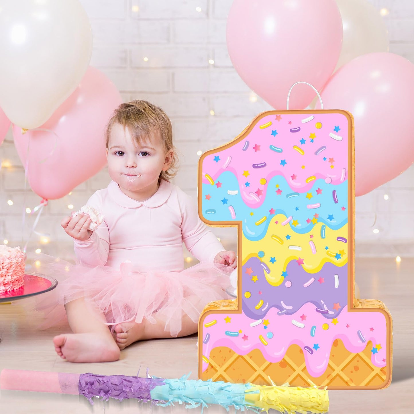 Aoriher Summer Birthday Piñata Ice Cream Game Set - Pink Cardboard with Bat, Blindfold, Mask & Confetti for Sundae Theme Party