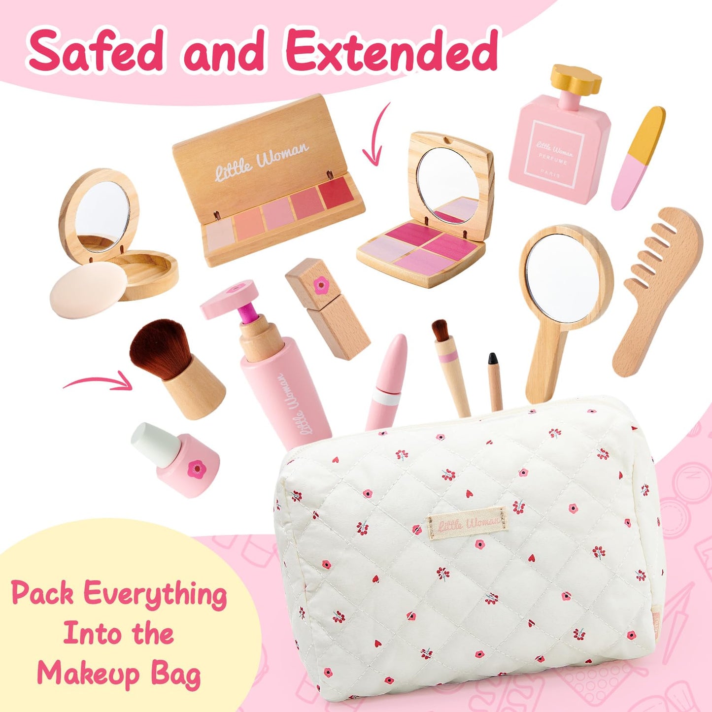 Lonico Wooden Makeup Toy Set For Girls Pretend Play Makeup Kit For Toddlers 3-5 With Eyeshadow/ Mascara/ Perfume/ Blush/ Mirror/