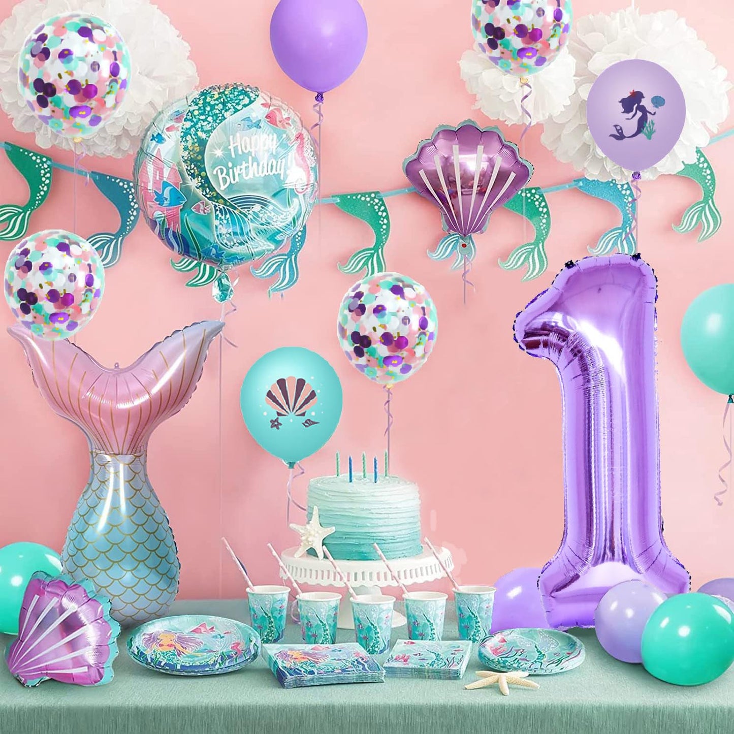 40 Inch Purple Number 1 Balloon,Giant Large Number 1 Balloon,1Th Birthday Mermaid Balloons,Children'S Birthday Party Baby Shower