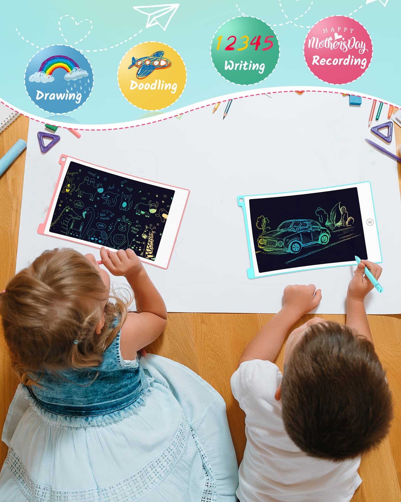 Tecjoe 2 Pack Lcd Writing Tablet, 8.5 Inch Colorful Doodle Board Drawing Tablet For Kids, Kids Travel Games Activity Learning Toys Birthday Gifts For 3 4 5 6 Year Old Boys And Girls Toddlers