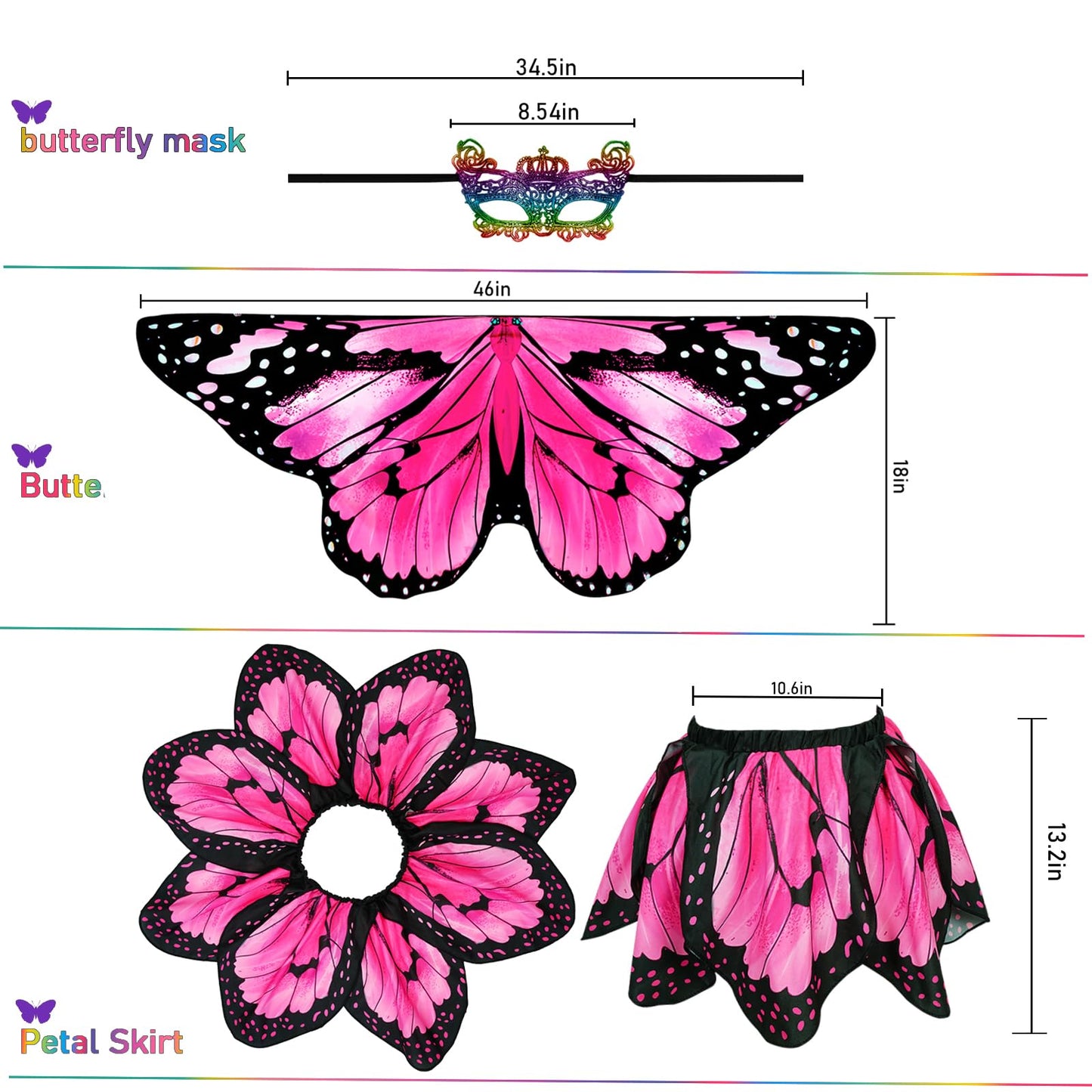 Sunlisky Kids Butterfly Wings Costume For Girls Fairy-Wings Mask Party Favors Gifts (Pink+Skirt Sets)