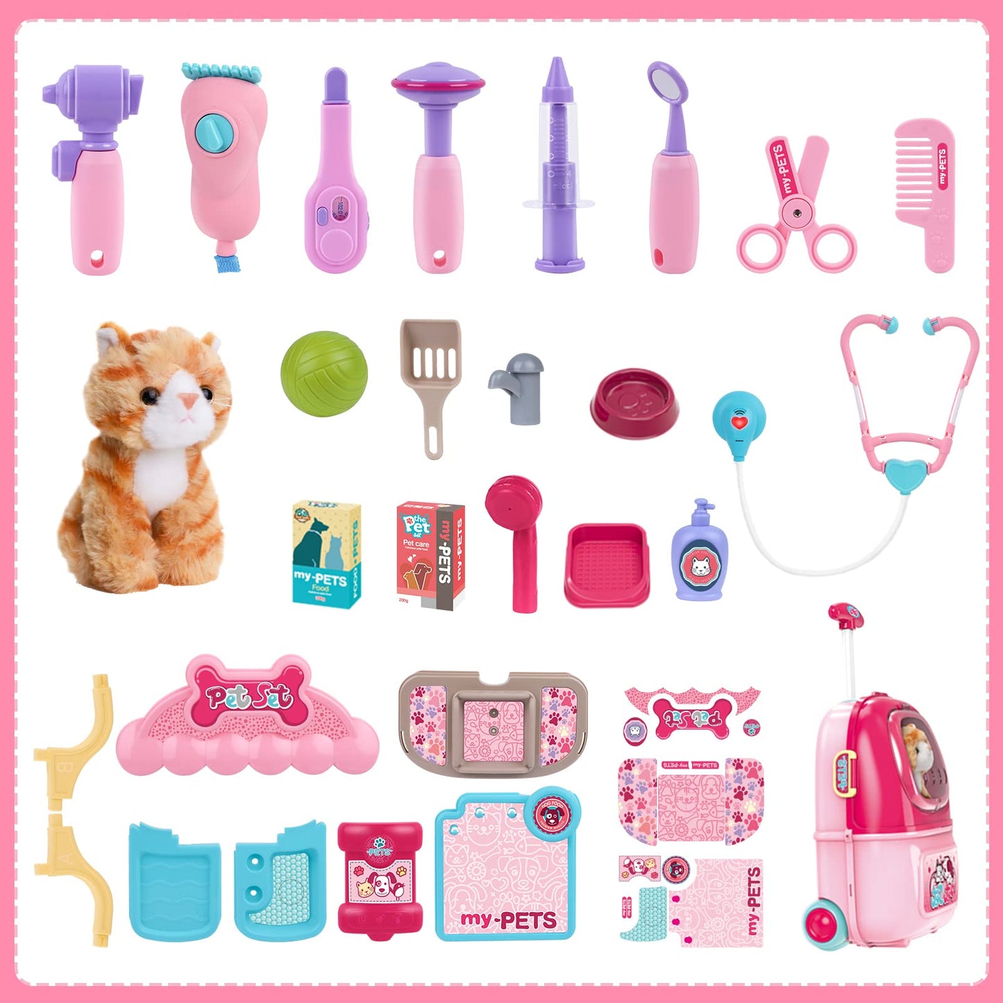 Magic4U Pet Cat Care Carrier Suitcase Toy, 29Pcs Vet Clinic And Doctor Kit For Kids, Pet Kitty Grooming Feeding Toys, Veterinari