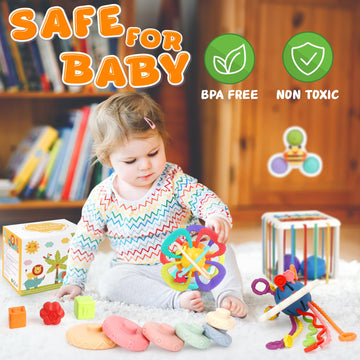 Baby Toys 6-12 Months,5 In 1 Montessori Toys For Babies 6-12 Months,Pull String Infant Teething Toys,Stacking Rings,Color Shape Sensory,Suction Cup Spinner Toys For 6-9-12 To 18 M+ Birthday Gifts