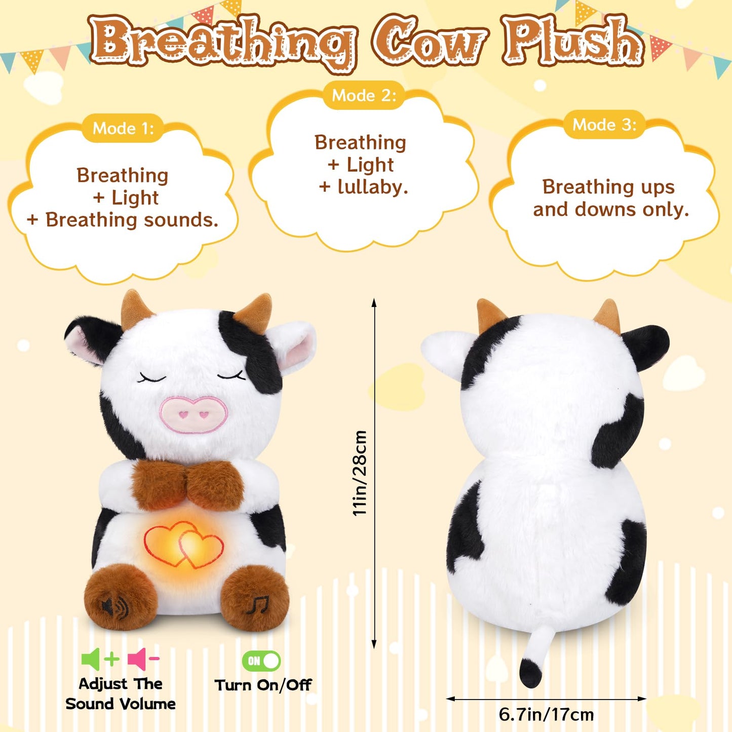 KOPHINYE 11" Breathing Cow Plush, Soft Stuffed Animal with Calming Music & Lights, Black and White, Model HXHBNNPM
