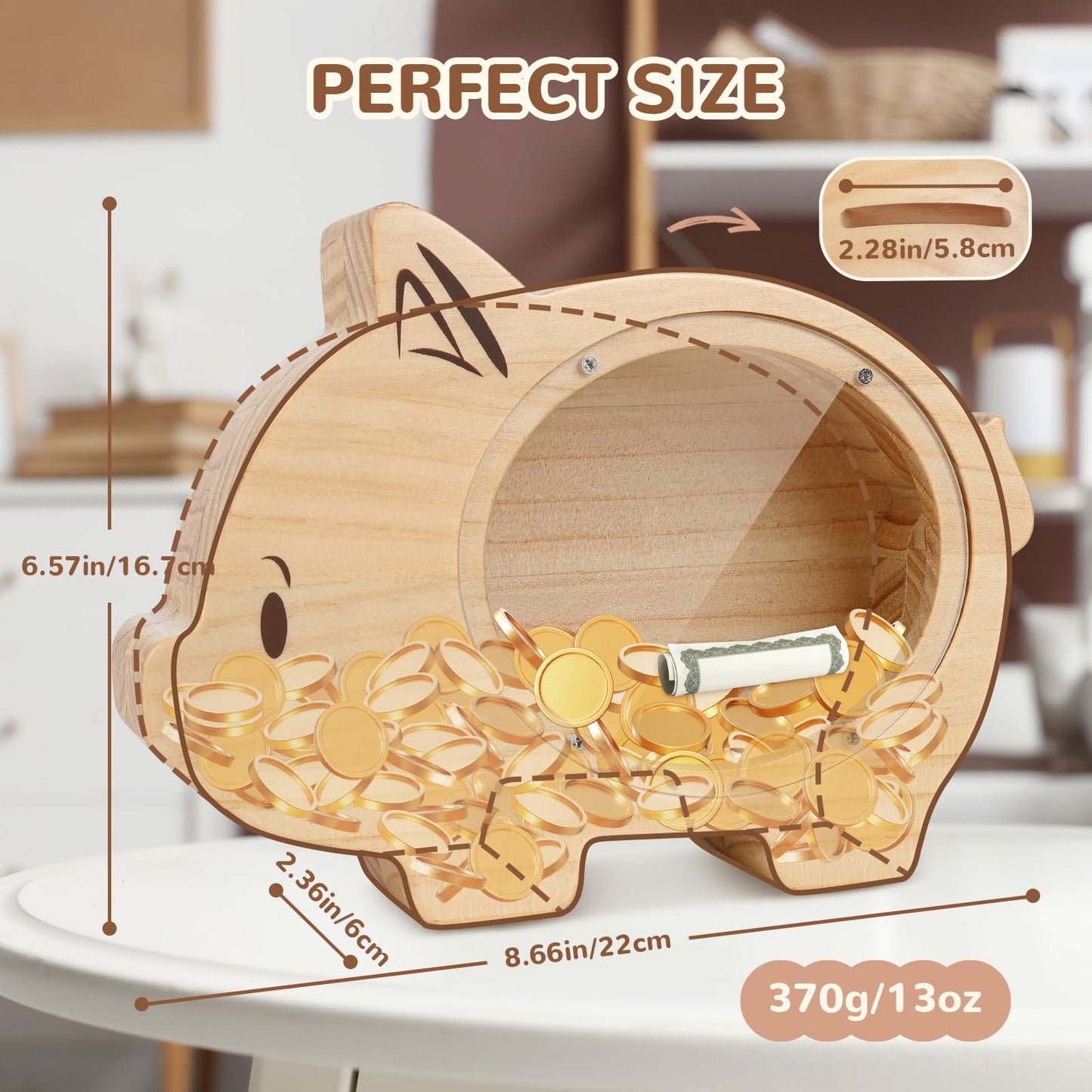wooshwa Piggy Bank for Kids, Wooden Money Bank for Boys Girls Toddler, Unbreakable Bills and Coins Cash Box, Creative Saving Mon