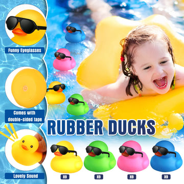 36 Pcs Mini Rubber Ducks With 36 Sunglasses Rubber Ducks In Bulk Bathtub Duckies Toys For Kids Gift Baby Shower Birthday Party Favors Cruise (Yellow, Duck With Sunglasses)