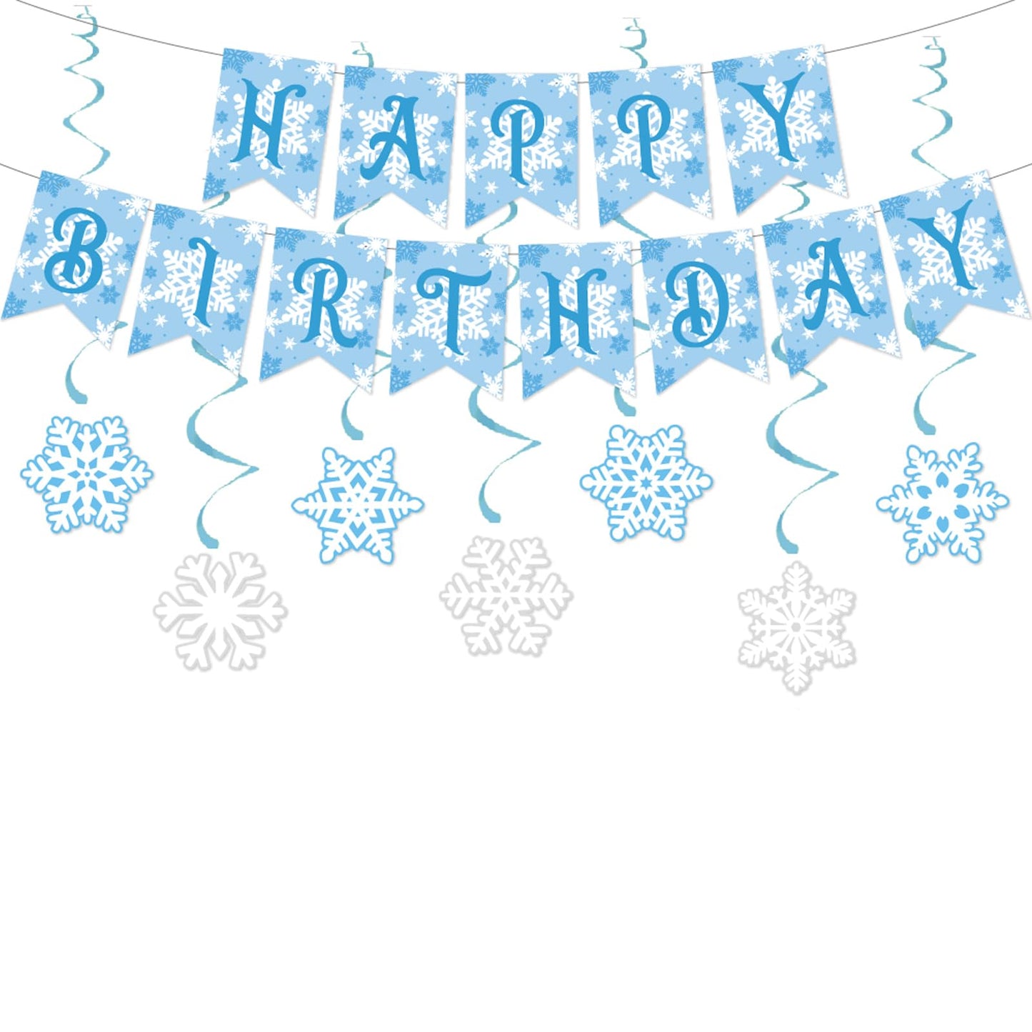 Zwiebeco Birthday Party Decoration Supplies Blue White Snowflakes Happy Birthday Sign Banner Hanging Paper Snowflake Swirls For