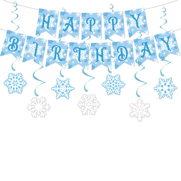 Zwiebeco Birthday Party Decoration Supplies Blue White Snowflakes Happy Birthday Sign Banner Hanging Paper Snowflake Swirls For