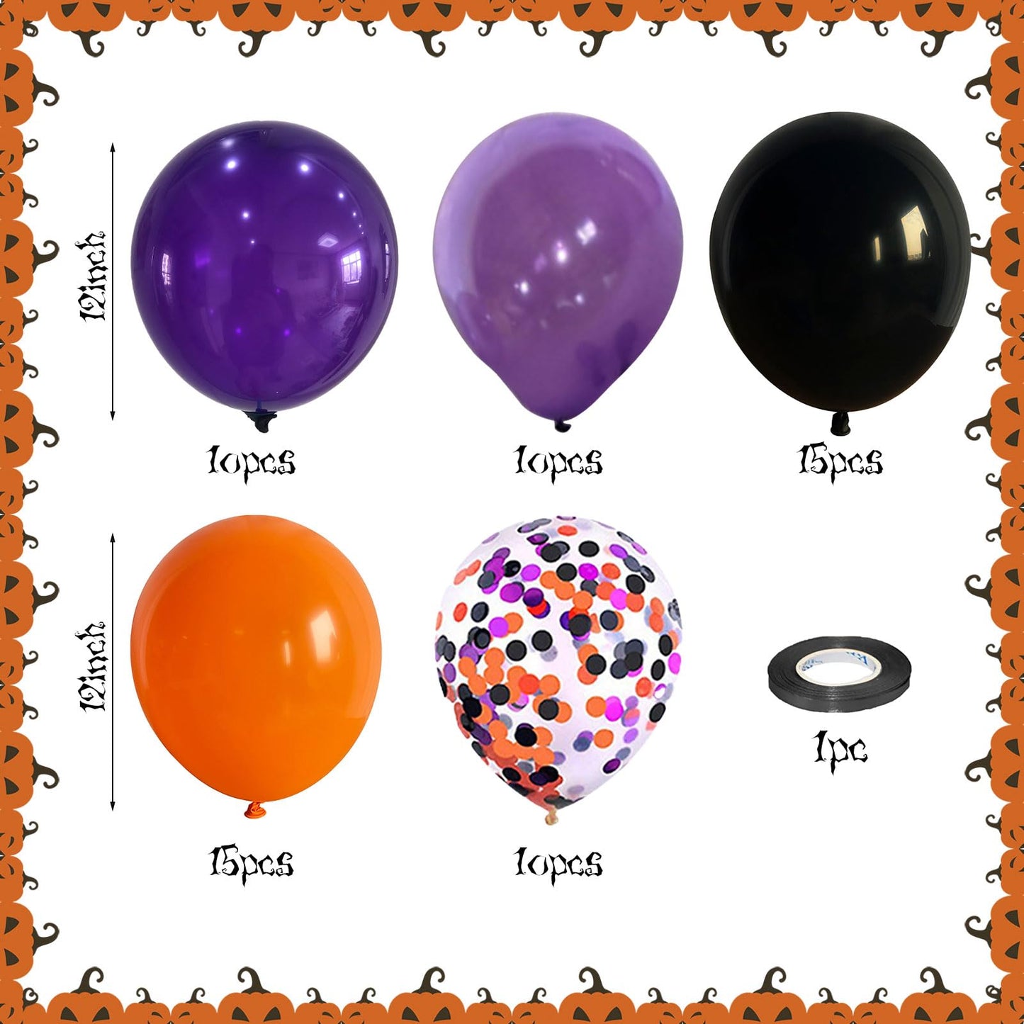 60Pcs Black Orange Purple Balloons, 12 Inch Balloon Purple Black Orange Party Balloons With Confetti Latex Helium Balloon For Bi