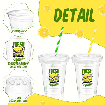 Domensi 50 Sets Lemon Disposable Plastic Cups 12 oz Lemonade Thick Clear Cups with Lids Straws Decoration for Iced Lemonade Juic