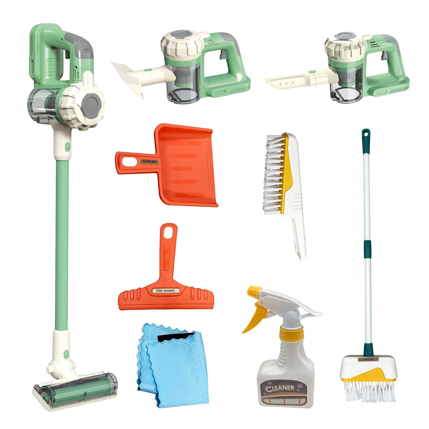 BAYMI Kids Cleaning Set - Vacuum, Broom, Dustpan & Brushes, Green, Model 950Green, Plastic, Ages 3+