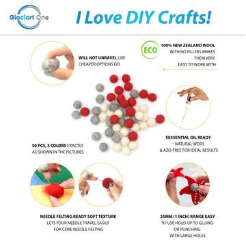 Glaciart One Wool Felt Balls (50 Pieces) 1 Inch (2.5 Cm), 100% New Zealand Wool, 3 Colors (White, Red and Grey) Hand-Felted in N