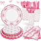 Lopeastar 175Pcs Coquette Birthday Decorations Plates Set, Pink Bow Birthday Decorations Girls Birthday Plates Napkins Cups and 