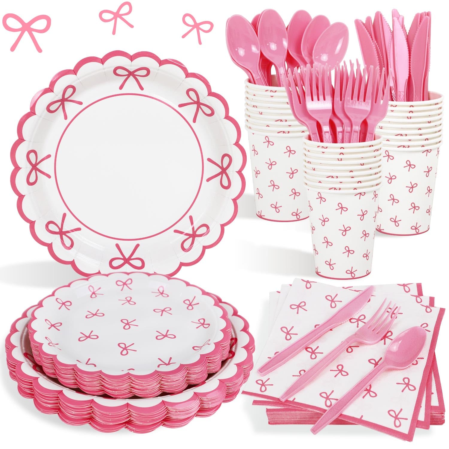Lopeastar 175Pcs Coquette Birthday Decorations Plates Set, Pink Bow Birthday Decorations Girls Birthday Plates Napkins Cups and 
