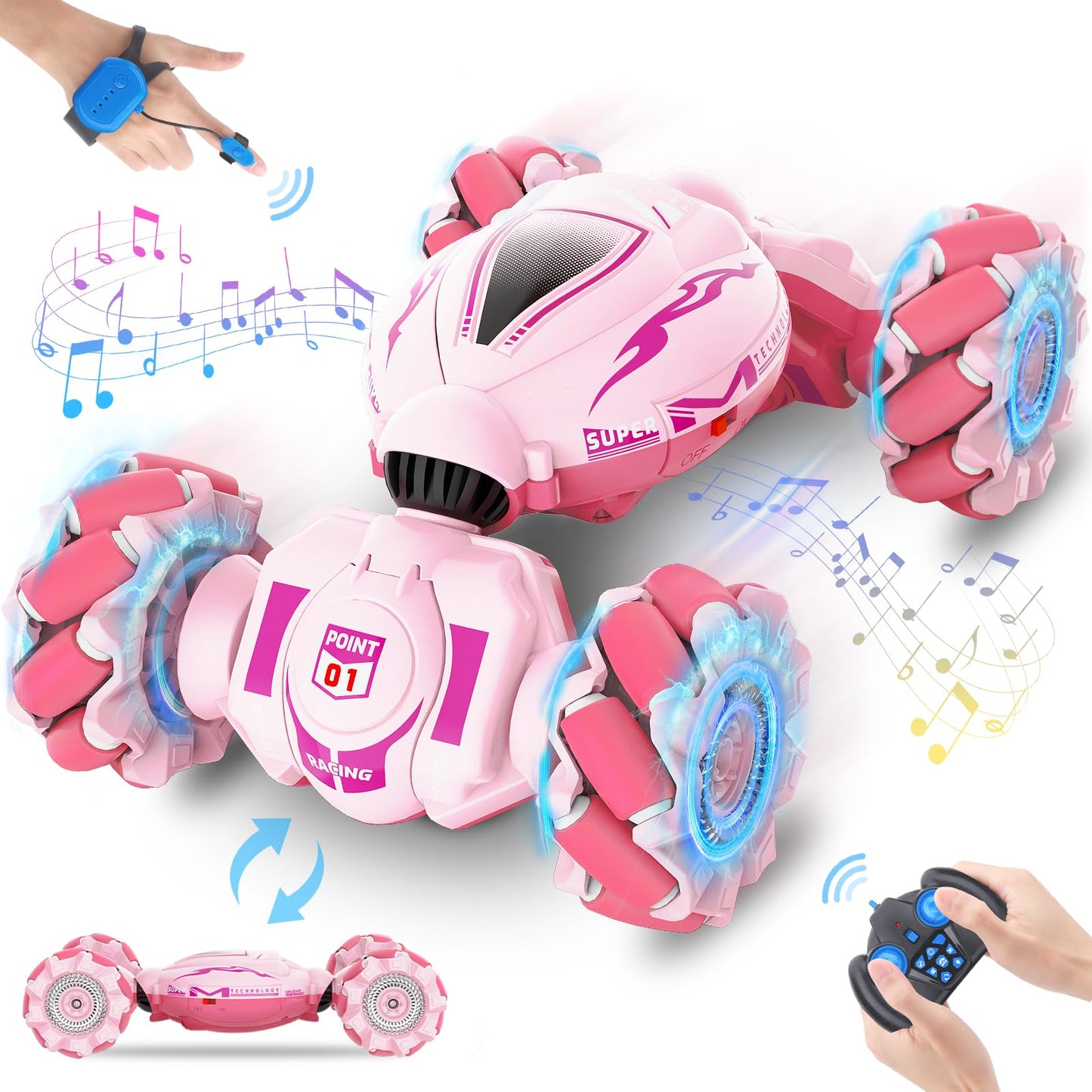 Fosgoit Pink Rc Car Toys For Girls Aged 6-12, Gesture Sensing Rc Stunt Car With Lights Music For Girls Birthday Xmas Gifts, 2.4G