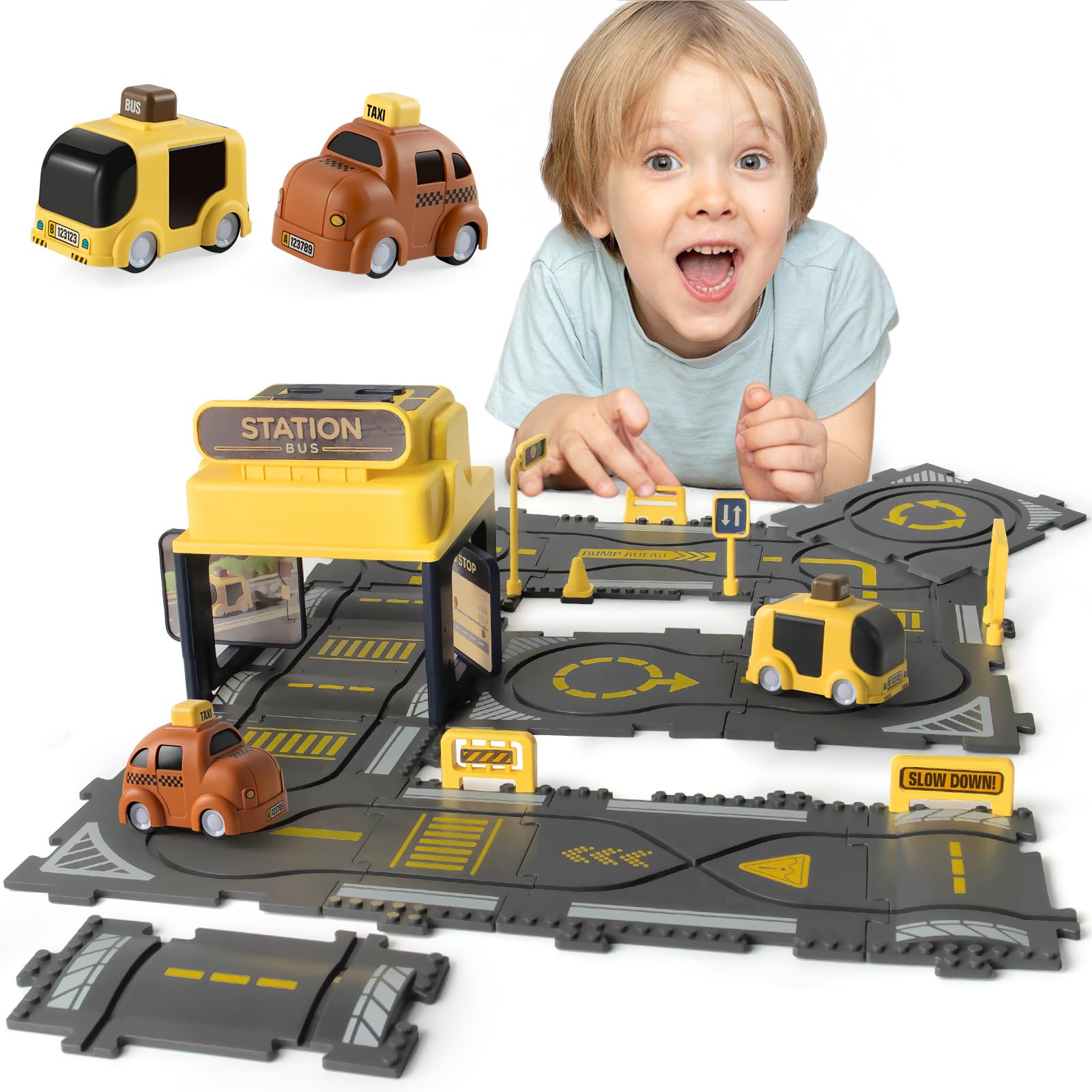 YOOYID Puzzle Racer Kids Car Track Set with Standard Bus Station and 2 Cars, Floor Puzzles for Ages 3-5, Gift for 3 4 5 Year Old